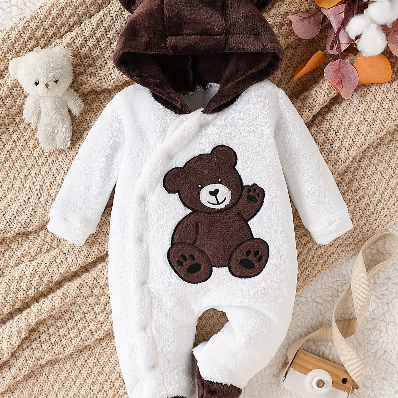 Baby Boys Winter Plush Footed Bodysuit with Animal Pattern and Warm Knit Fabric