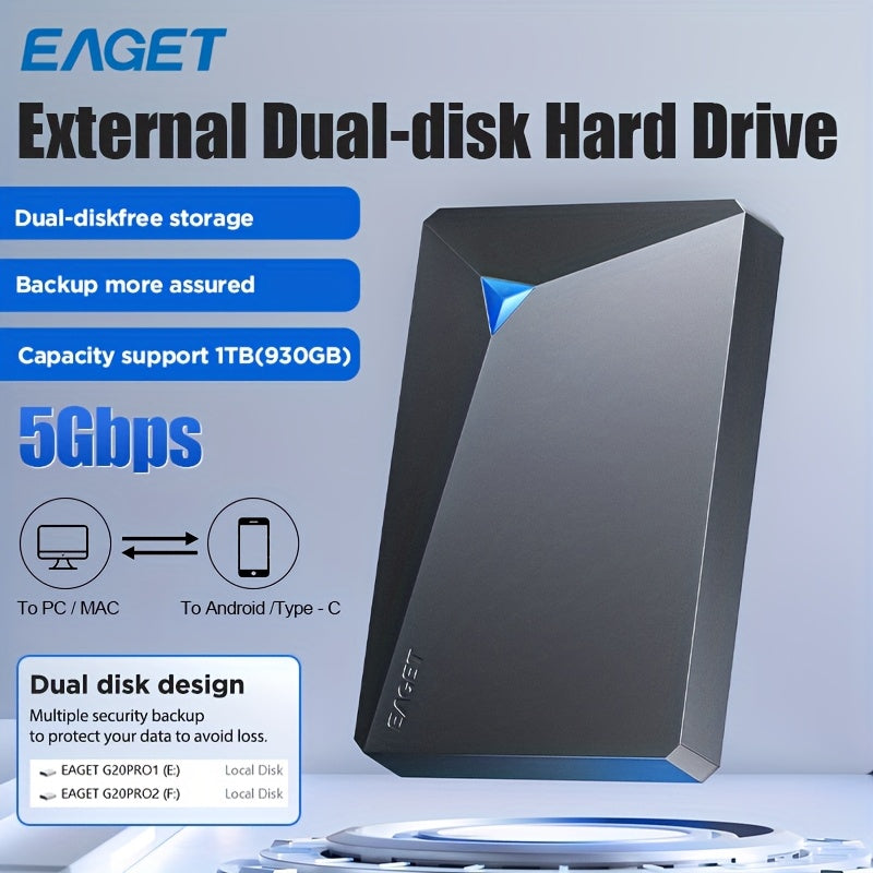 1TB External Portable Hard Drive USB 3.0 Dual Disk Storage Device