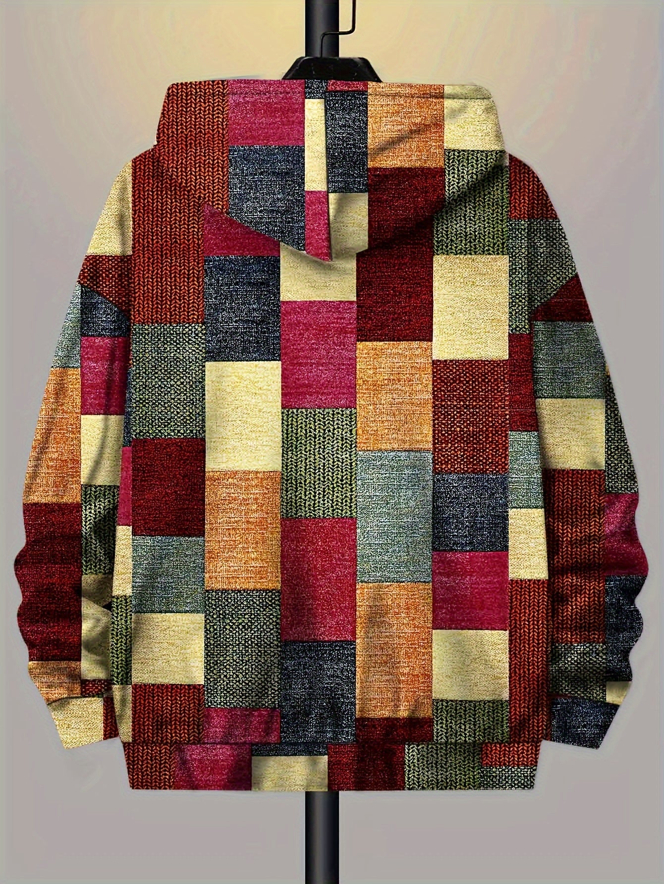 Men's Plus Size Hooded Zip-Up Jacket with Knit Polyester and Random Print