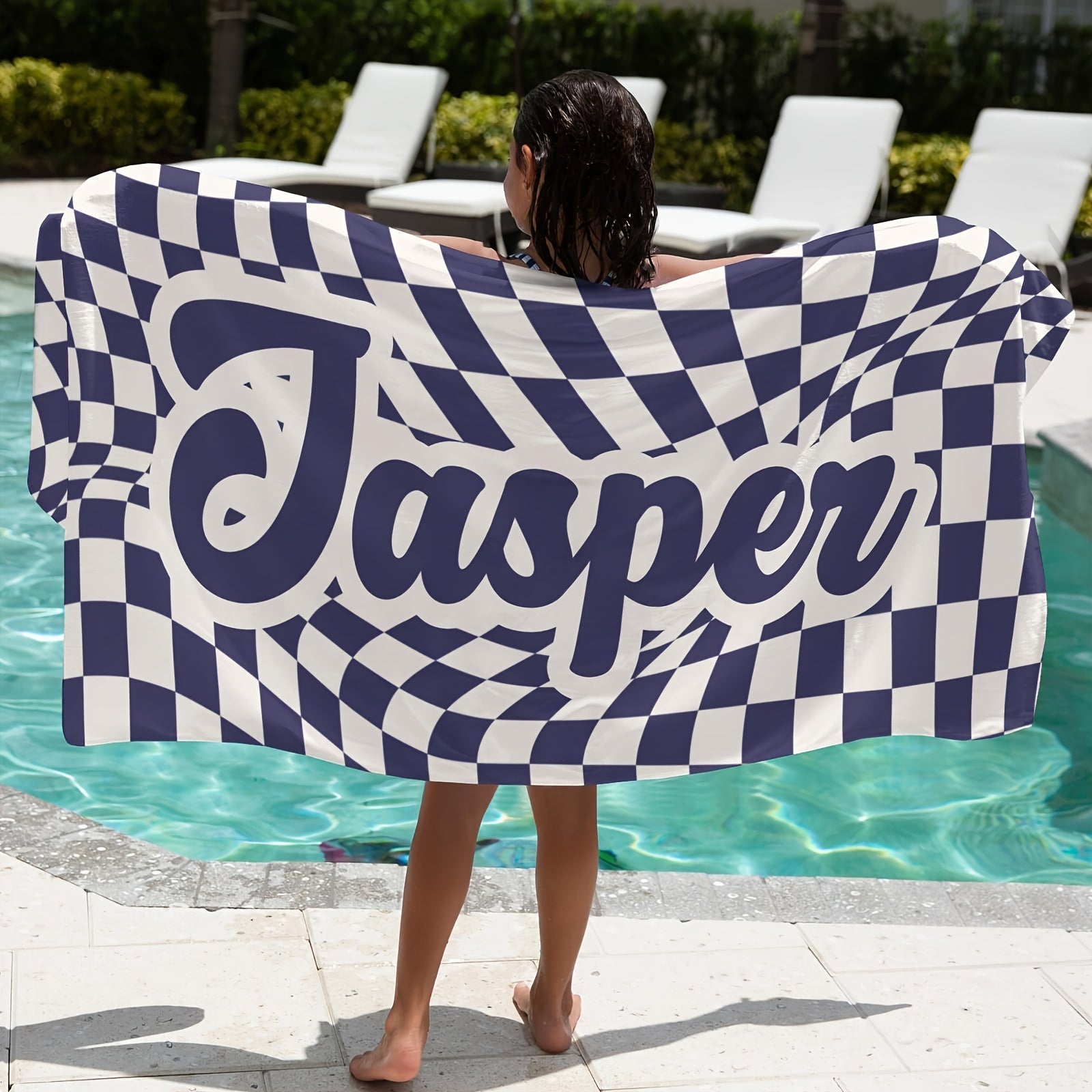 Customized Lattice Pattern Beach Towel with Name Quick-Drying and Absorbent for Beach Swimming Camping