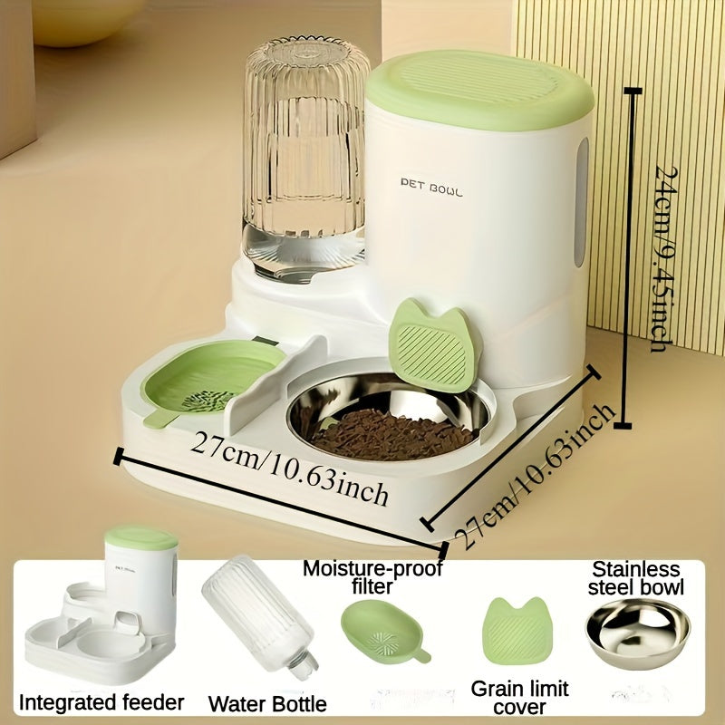 Avtomatik mushuk uchun oziqlantiruvchi va suv idishlari to'plami, ikki idishli, to'kilmaslik uchun siphon, plastmassa