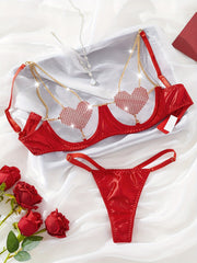 Heart Patterned Sheer Lingerie Set with Bra and Thong Polyester Blend Stretchy