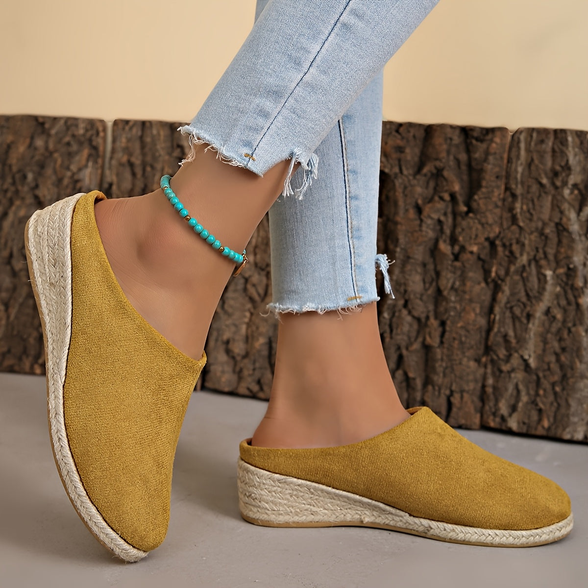 Женские льняные слипоны на среднем каблуке с джутовой подошвой черный бежевый