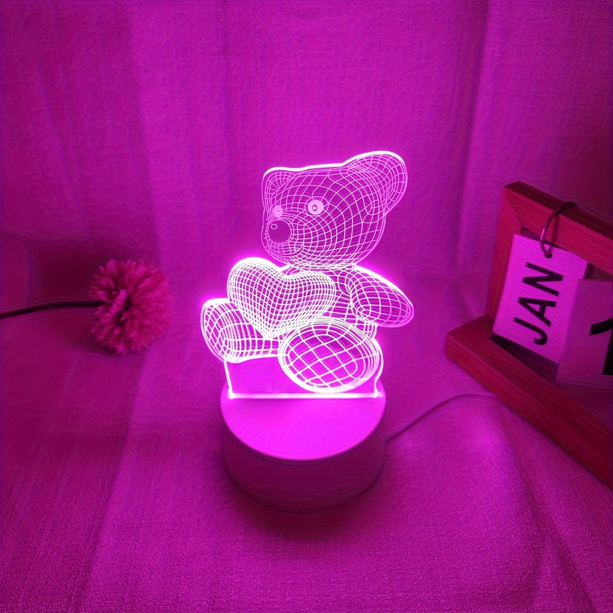3D Pink Heart Bear Night Light USB Powered Switch Control Modern Bedroom Decor