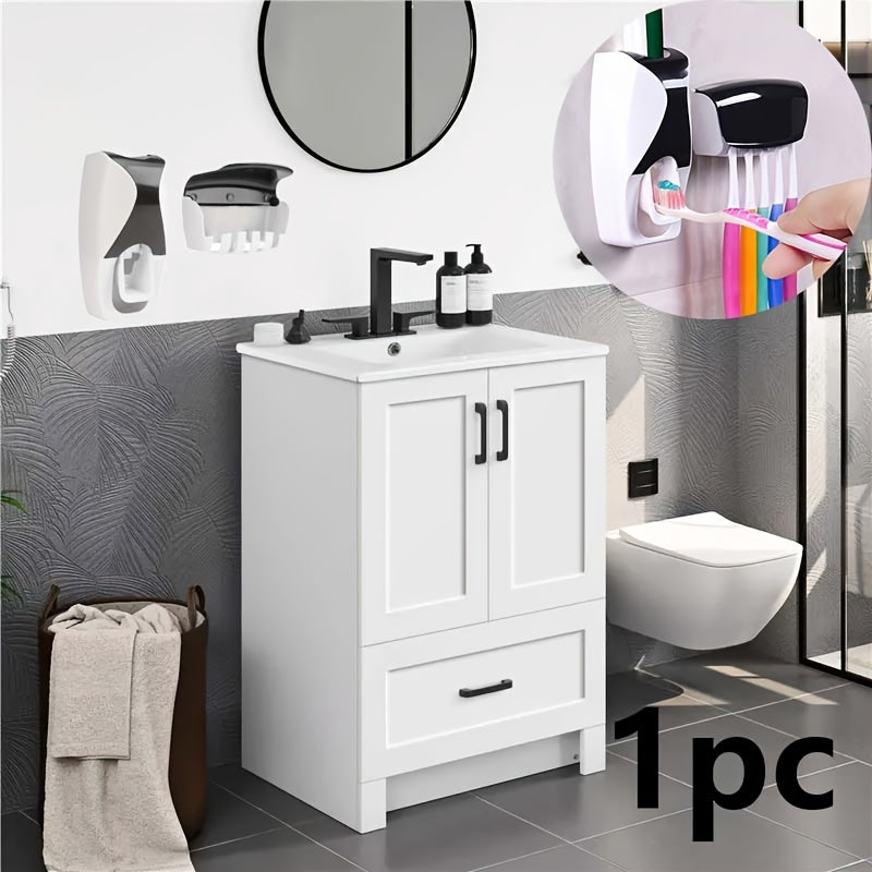 Wall-Mounted Plastic Bathroom Organizer with Toothbrush Holder and Automatic Dispenser