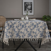 Vintage Blue Rose Tablecloth with Beige Fringe for Dining Occasions