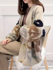 Plus o'lcham ayollar uchun trikotaj kardigan V-shaklli bo'yin tugma bilan uzun qo'lqopli qulay sviter