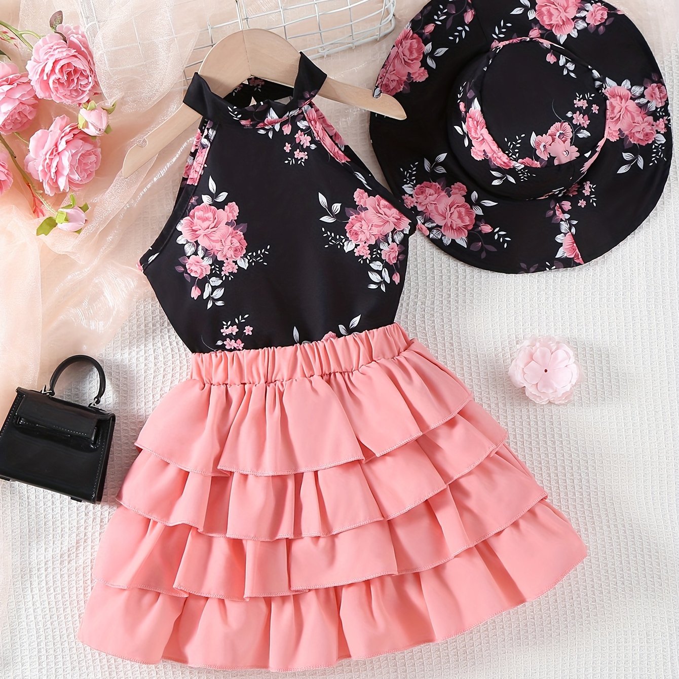Girls Floral Garter Top Layered Skirt Summer Outfit for Young Girls