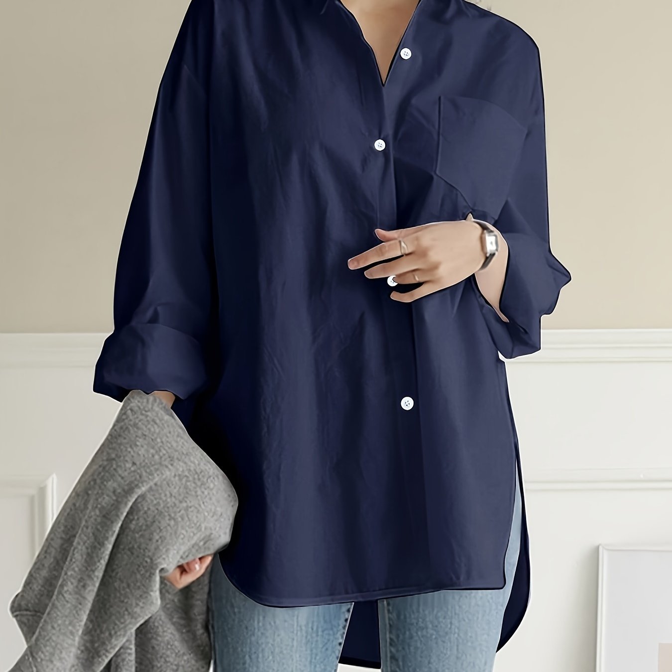 Women's White Cotton Long Sleeve Button-Up Office Shirt Loose Fit for Work or Casual