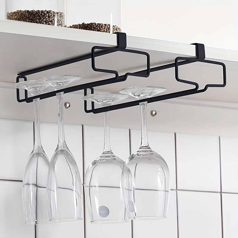 Black Metal Hanging Wine Glass Rack No-Drill Under Cabinet Stemware Organizer