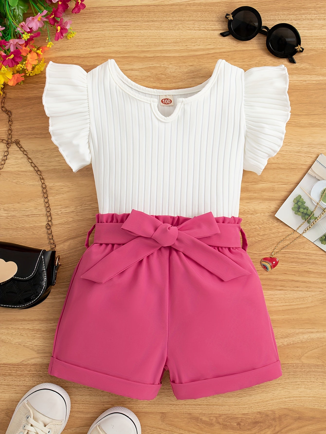 Girls Summer Outfit Set with Top and Shorts Bow Belt Solid Color Sleeveless Casual