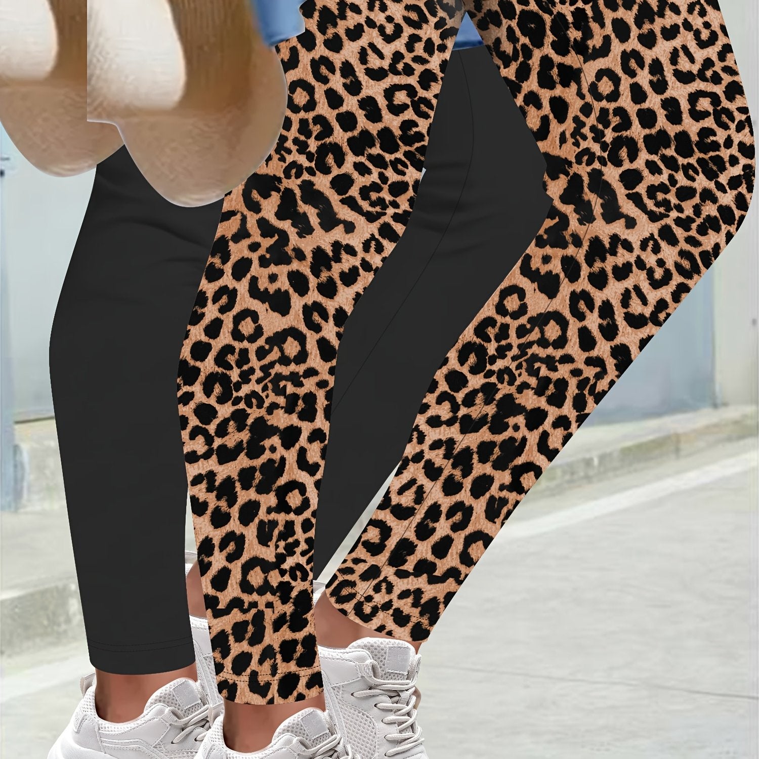 Women's High-Waisted Leggings Polyester Spandex Solid Color Plus Size Black