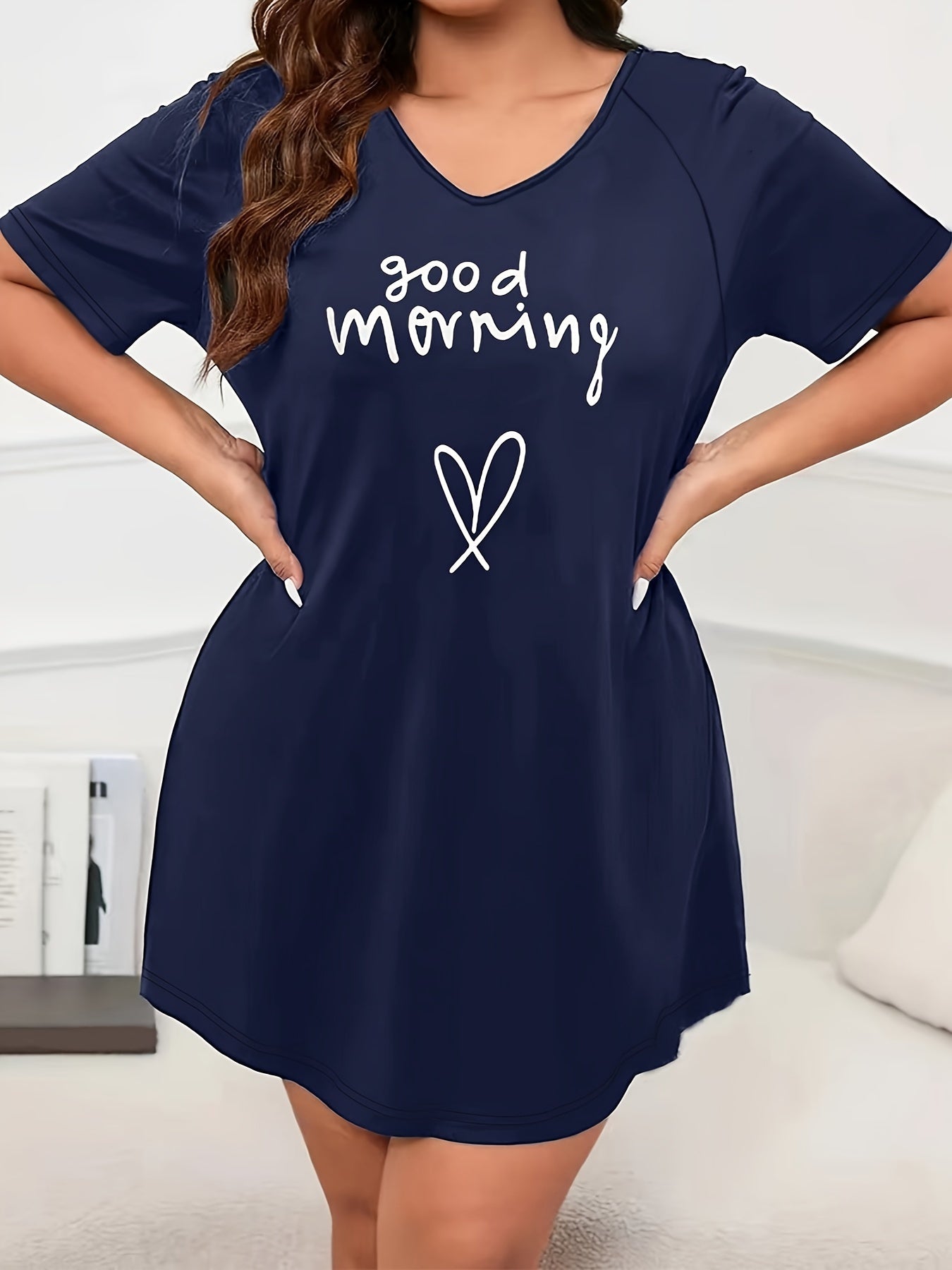 Plus Size Navy Blue Short Sleeve Sleep Dress Lounge Nightgown All-Season