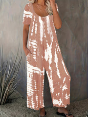 Plus Size Stripes Print Crew Neck Jumpsuit Casual Short Sleeve Loose Pockets