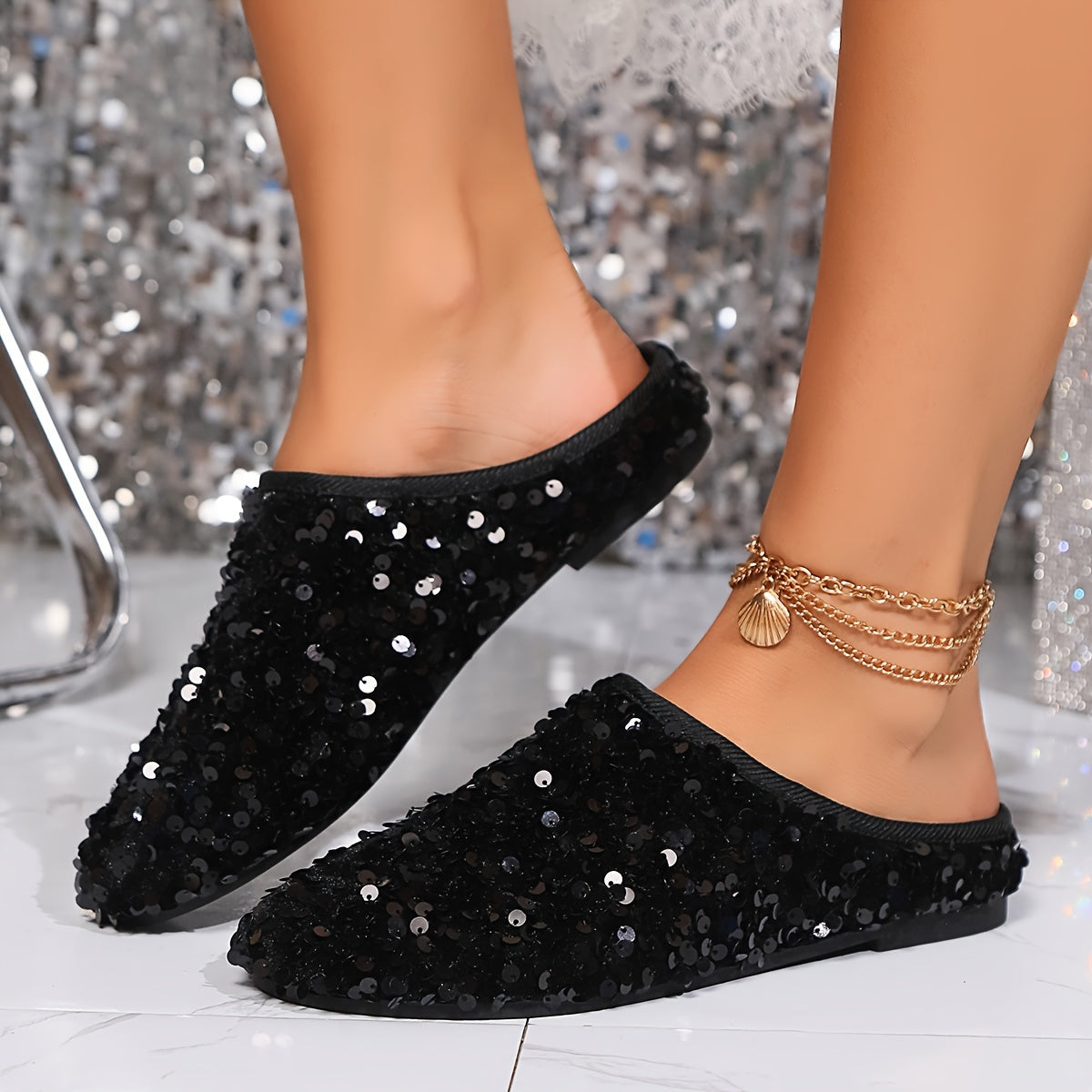 Women's Sequin Half-Slip Flats Breathable Fabric TPR Sole Comfortable