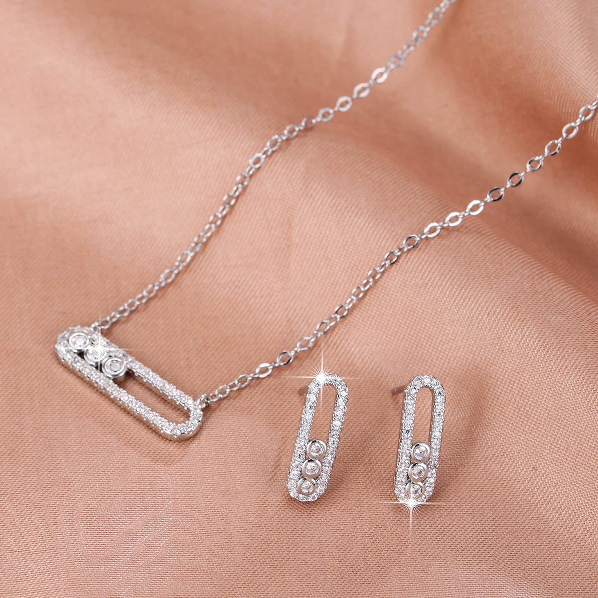 Sparkling Zirconia Jewelry Set Pendant Necklace and Dangle Earrings Paperclip Design for Valentine's Day