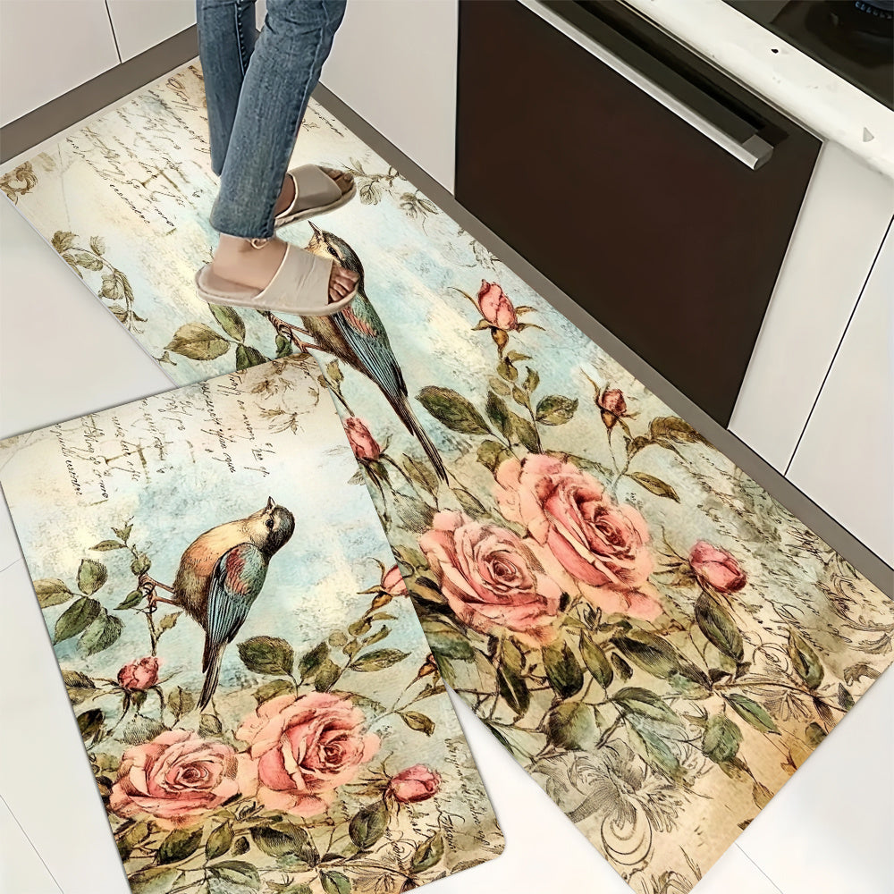 Vintage Rose & Bird Design Anti-Fatigue Oshxona Mat - Suvga chidamli, Yumshoq, Mashinada yuvish mumkin bo'lgan Polyester - Uy va Ofis uchun Qaytmas Mat