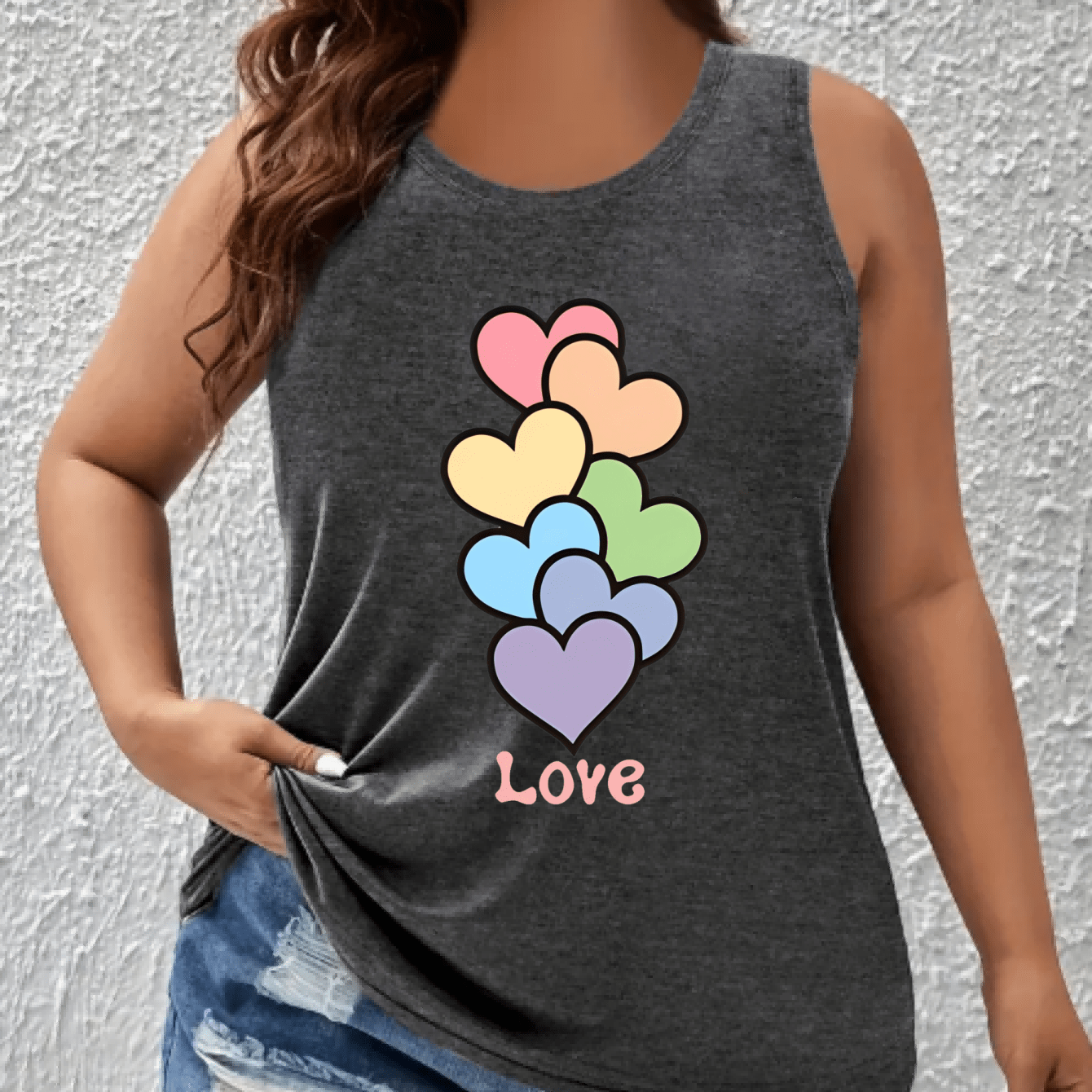 Plus Size Women's Tank Top with Heart Graphic Sleeveless Activewear Navy Blue