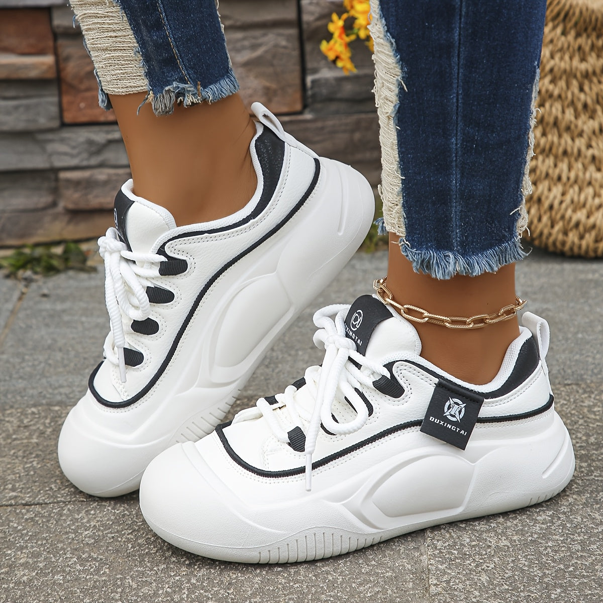Women's Casual Low-Top Lace-Up Sneakers White Navy Blue Lightweight Faux Cover Round Toe