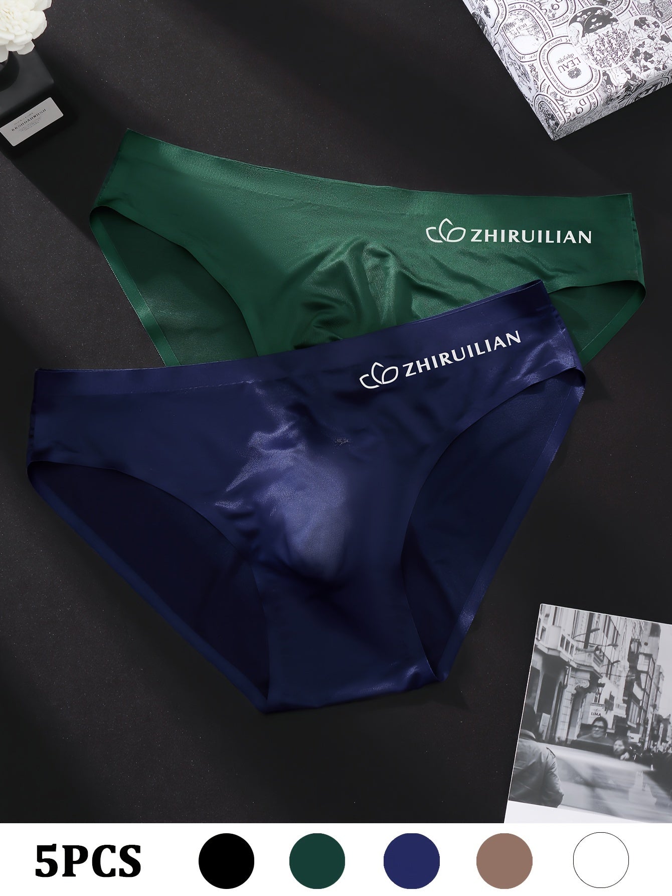 5 dona ZHIRLIAN erkaklar uchburchak shortlari, tikuvsiz va nafas oladigan naylon-spandeks aralashmasi, jozibali harflar bosma, turli ranglarda