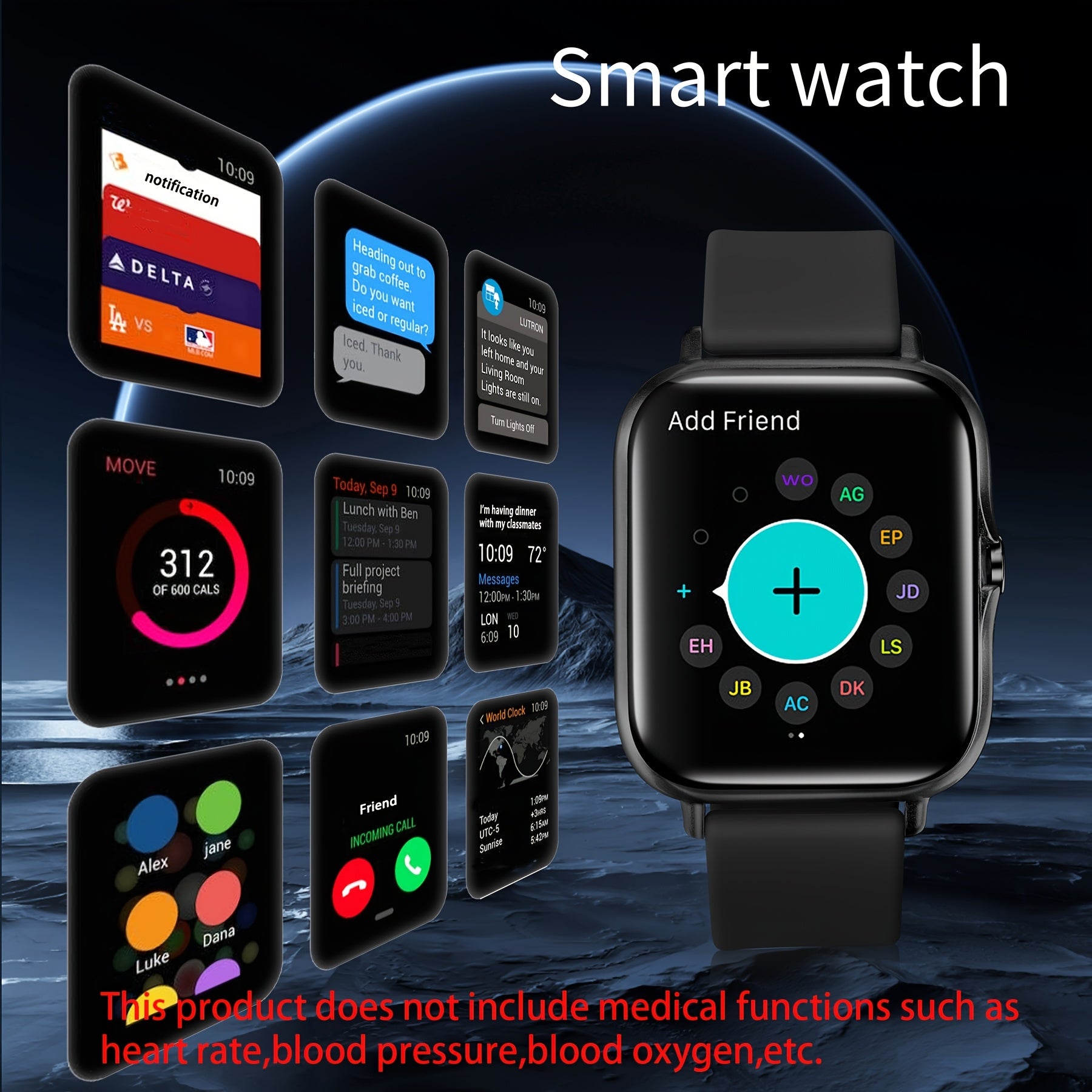 Smart Watch with 4.34cm OLED Display Call Message Pedometer Fitness Tracker Wireless USB Rechargeable
