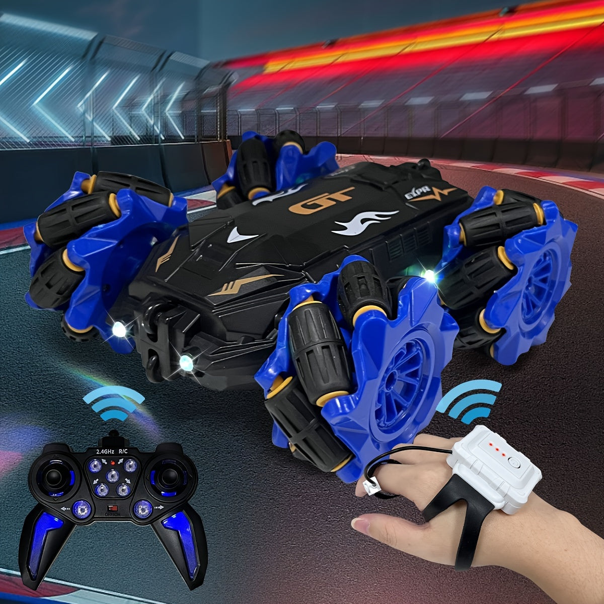 Coche de acrobacias RC con temática de fantasía con control por gestos, luces LED y música para niños de 8 años en adelante