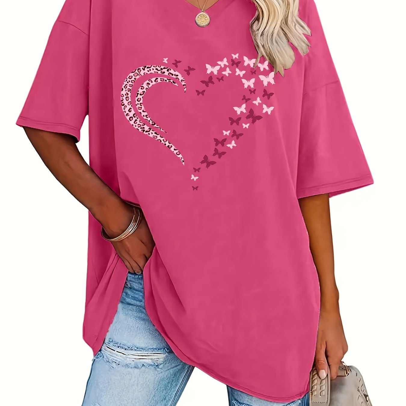 Women V-Neck Short Sleeve Loose T-Shirt Top for Spring Summer