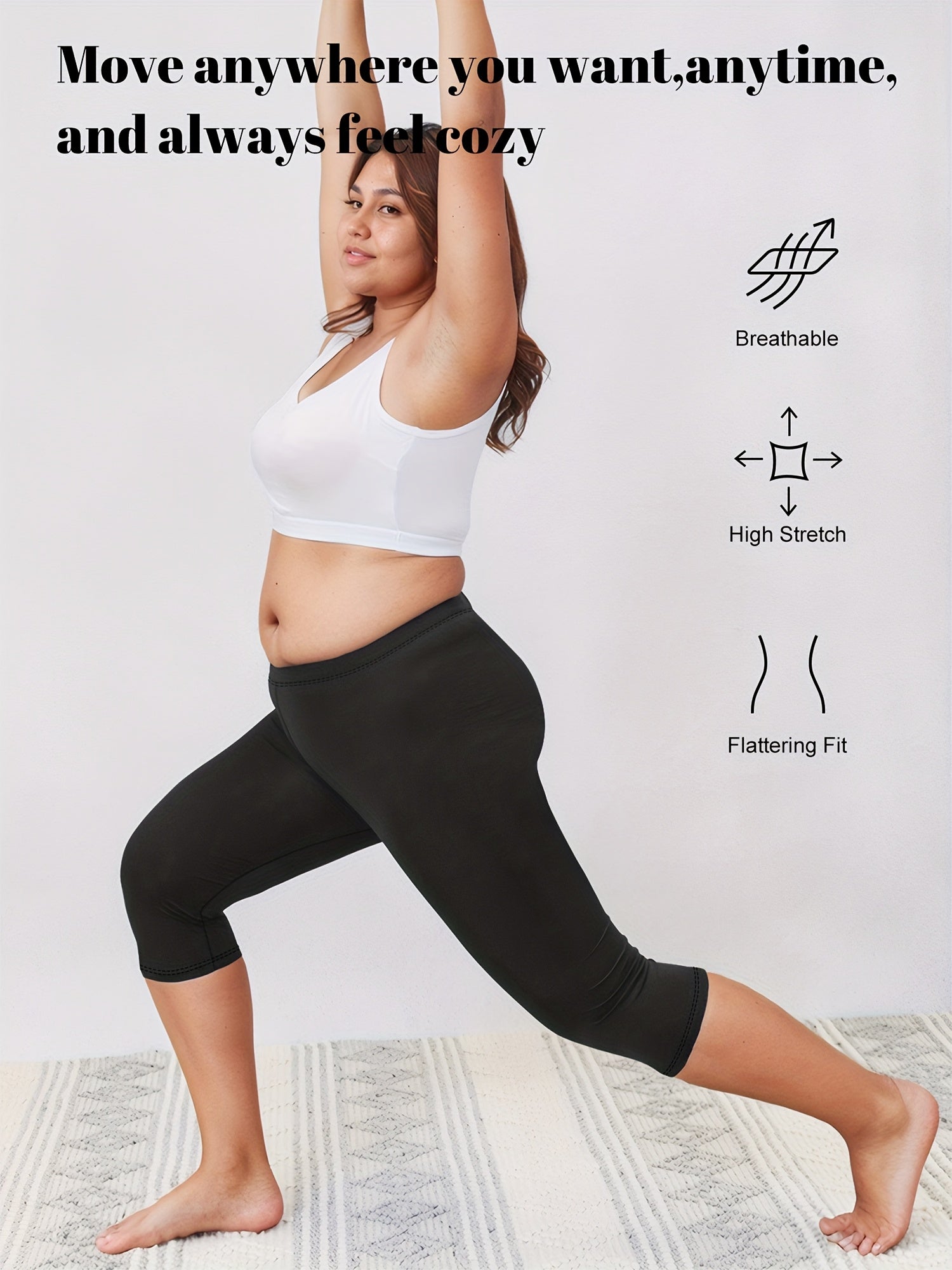 Women's High-Waisted Capri Leggings Soft Black 3/4 Length Yoga Workout