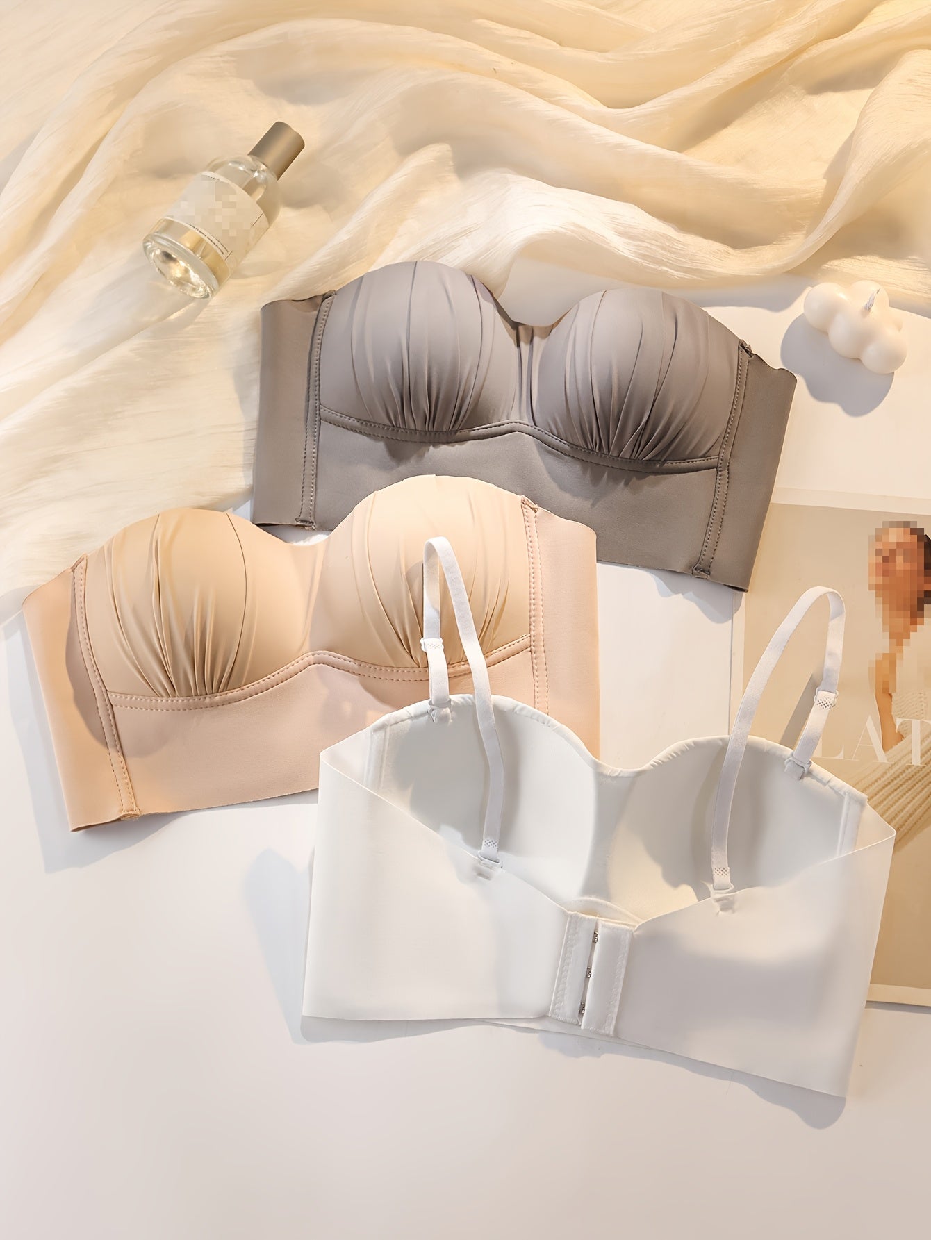 3-to'plamli uzluksiz simsiz ko'ylaklar, ayollar uchun o'rta qo'llab-quvvatlash, naylon to'qilgan, bir rangli, strapless bandeau