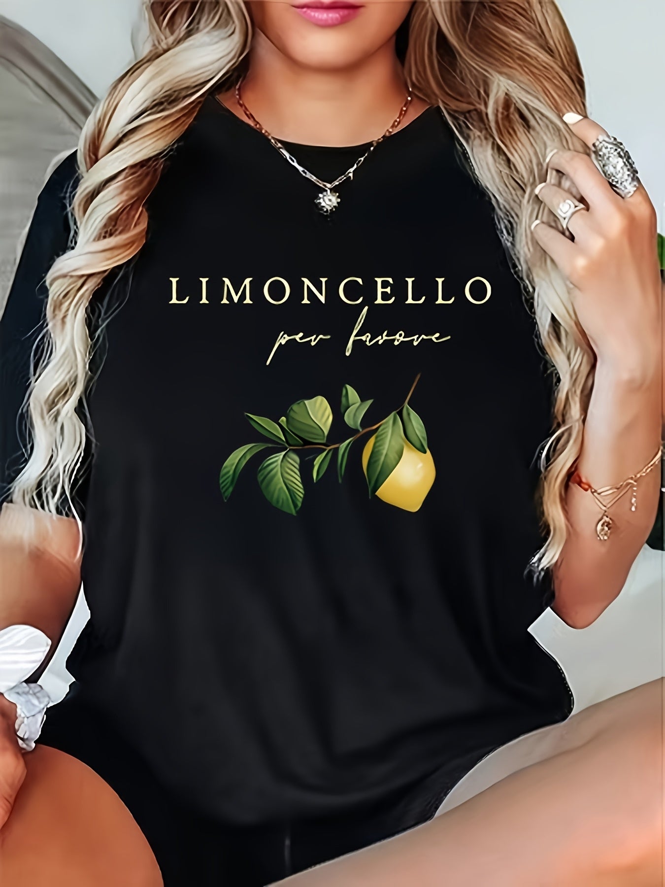 Plus Size Women's Lemon Graphic T-Shirt Black Crew Neck Short Sleeve Casual