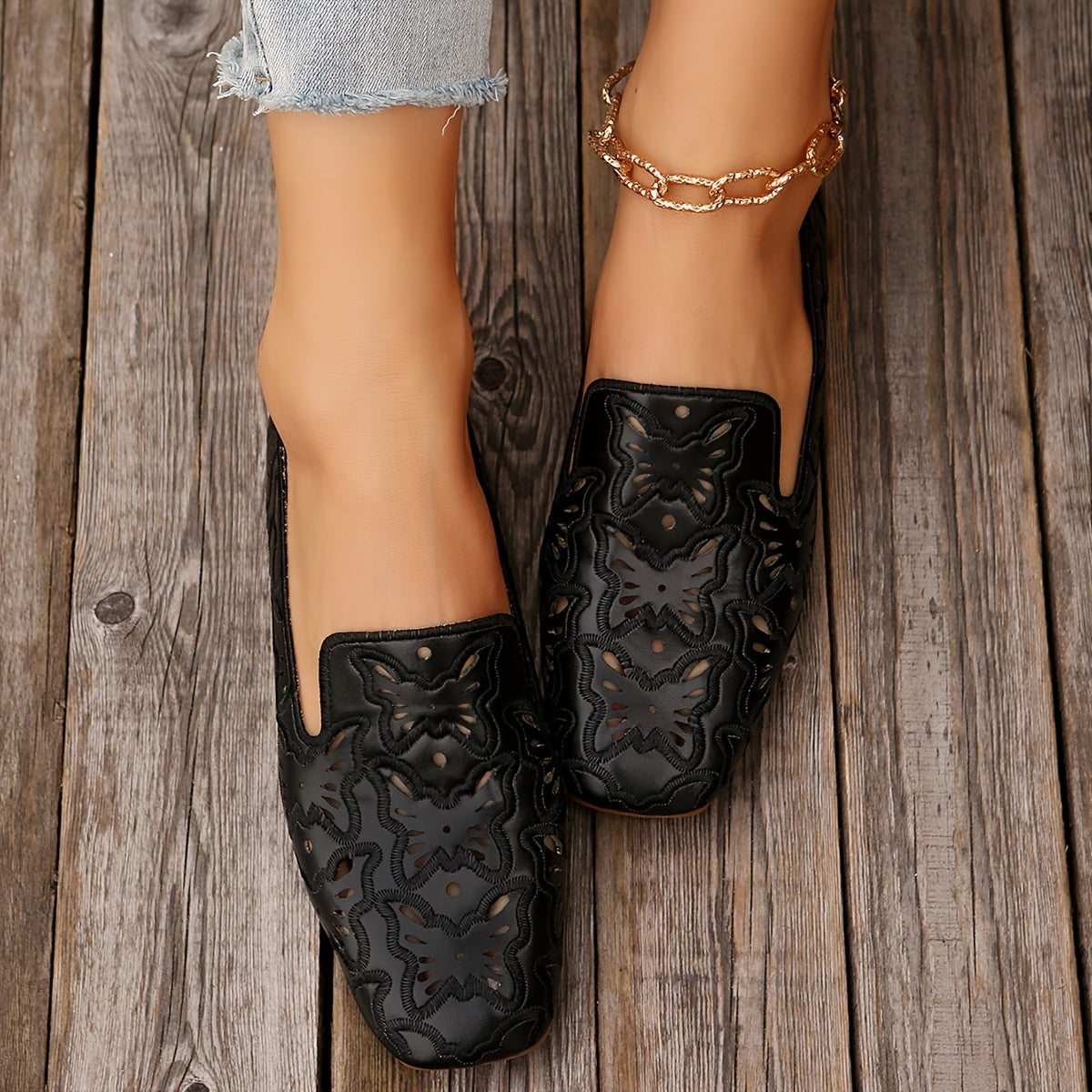 Women's Flat Shoes Square Toe Butterfly Pattern Casual Shoes