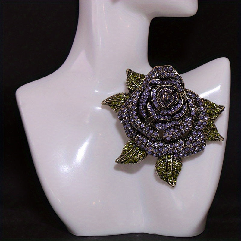 Elegant Green Leaf Rose Flower Brooch Pin with Rhinestones for Women