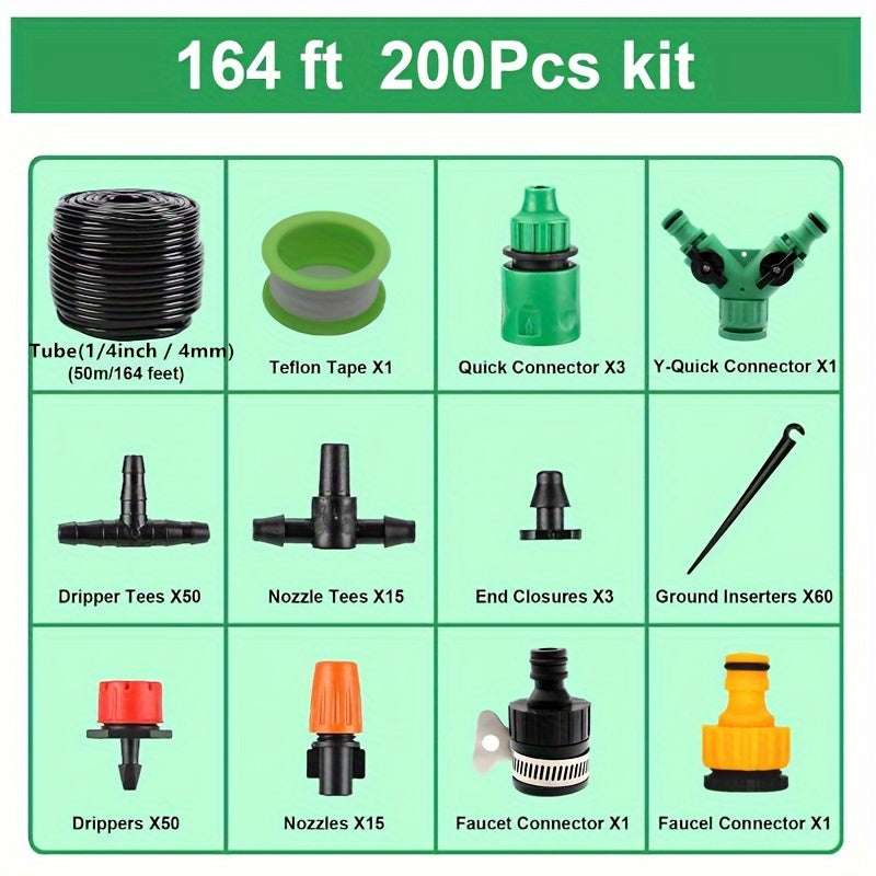 164-футовый регулируемый капельный поливочный комплект для сада с 1/4" шлангом, распылительной насадкой, эмиттерами и фитингами - автоматический полив для патио и ухода за газоном.