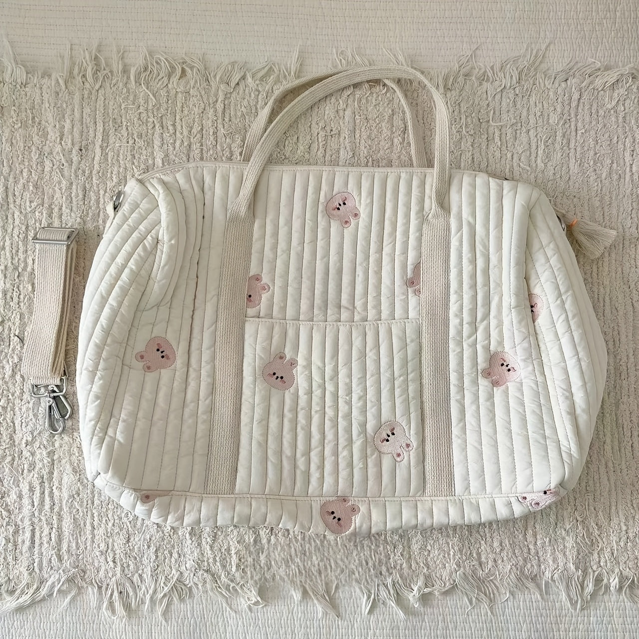 Bolso de pañal acolchado para mamás con bordado de oso, ligero de poliéster, con múltiples compartimentos