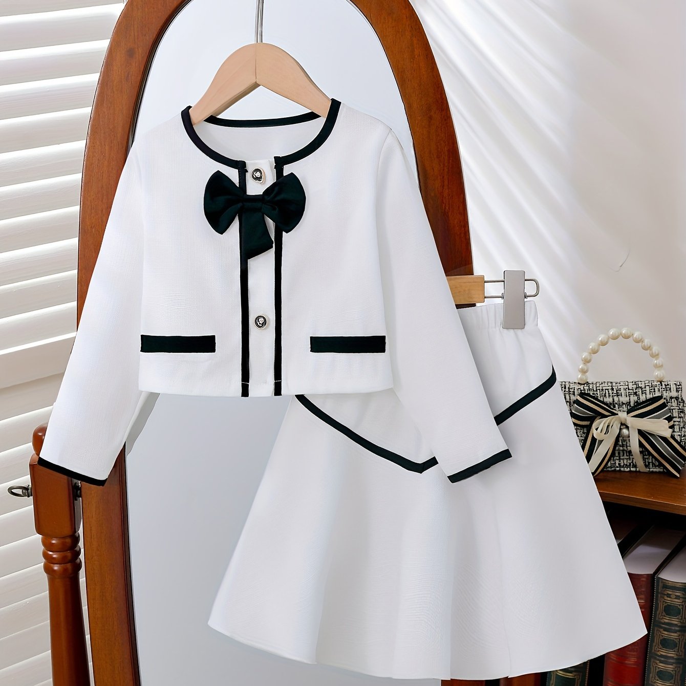 Girls Two-Piece Set with Tweed Top and A-Line Skirt for Spring and Fall