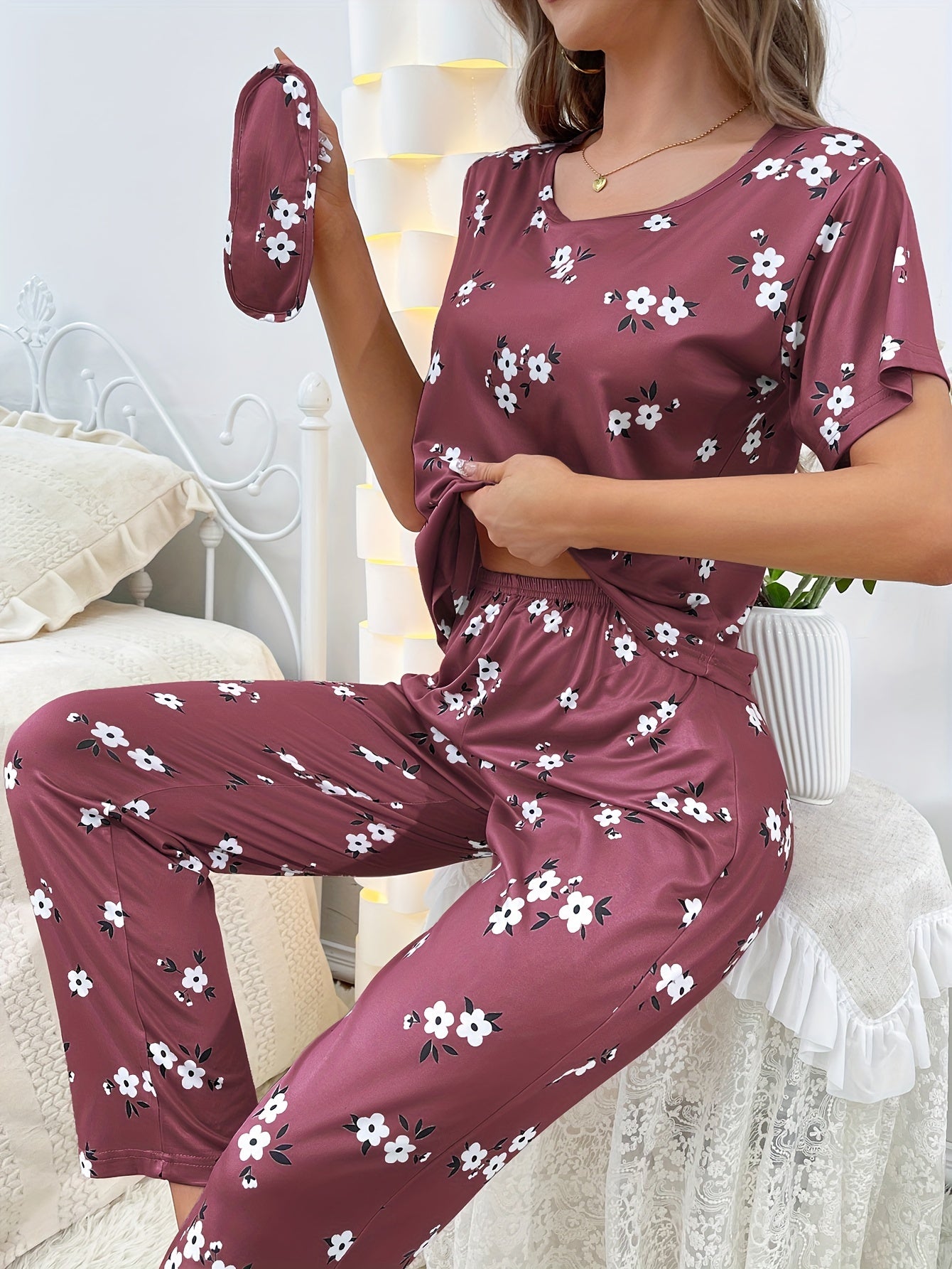 Women's Floral Print Sleepwear Set with Short Sleeve Top and Pants Summer Pajama Lounge Set