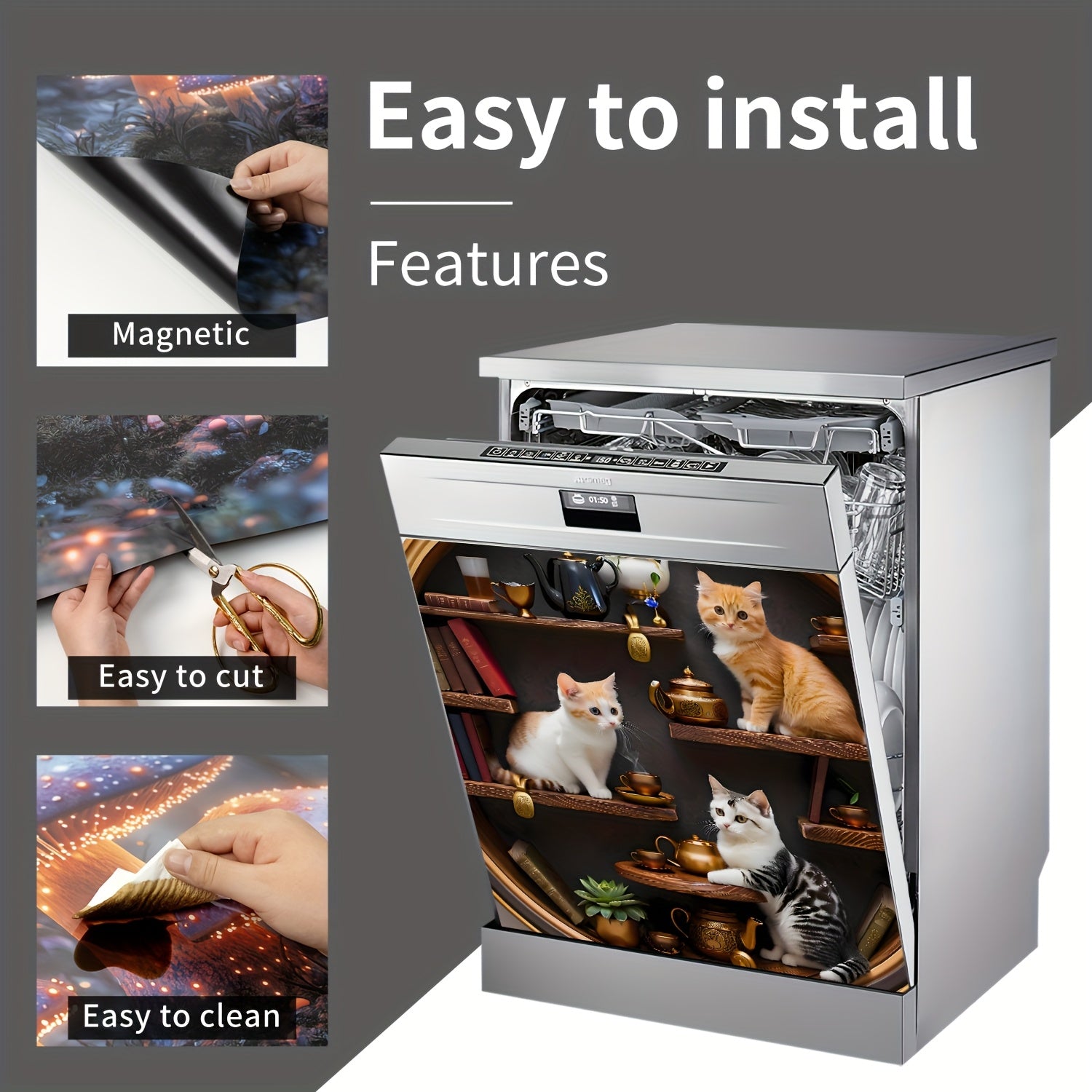 Mushuk mavzusidagi magnitli idishlarni yuvish mashinasining qopqog'i uchun dekali yumshoq vinil stiker, apelsin rangli tabby mushukcha, oshxona dekoratsiyasi