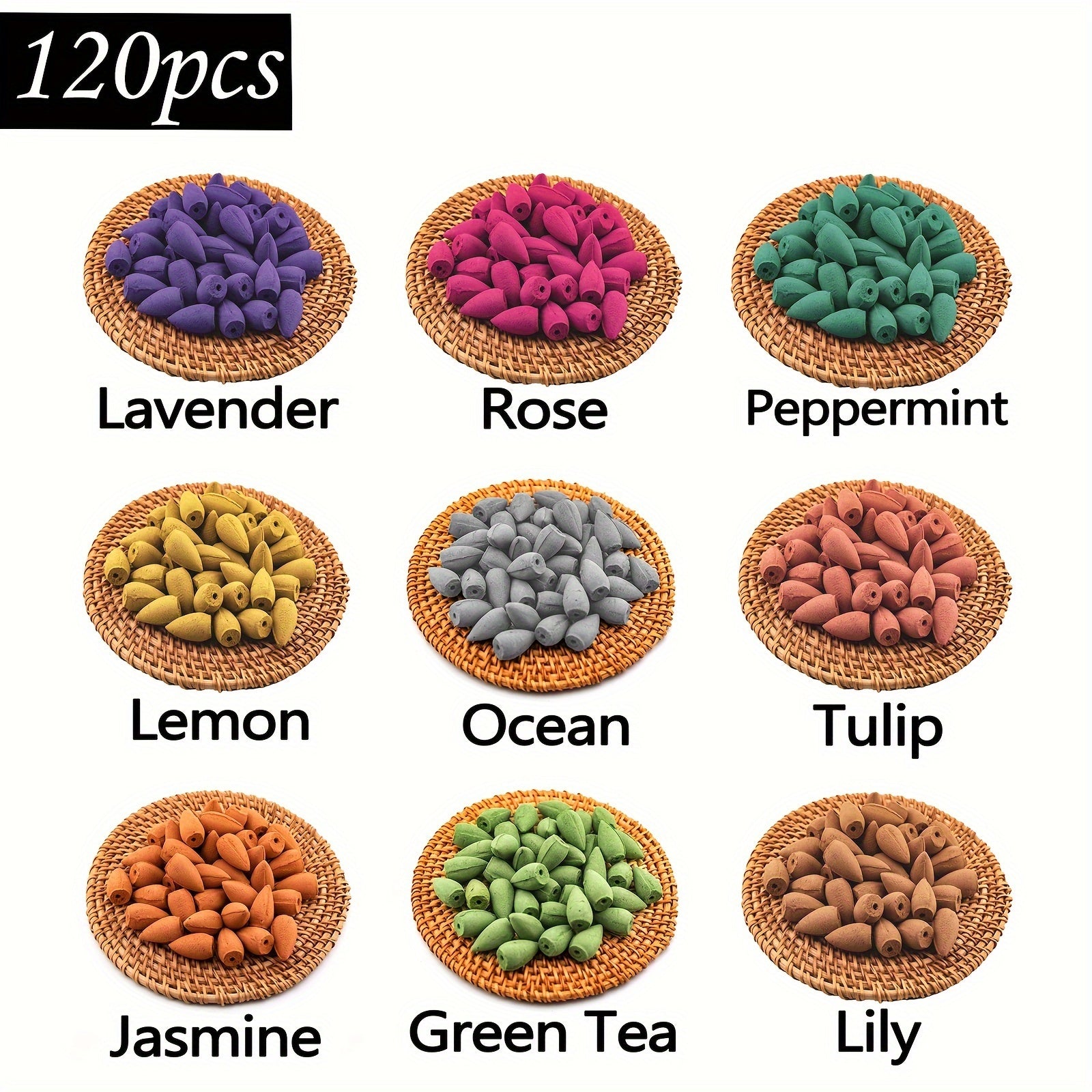 120 dona tabiiy orqaga oqadigan tutun konusi uchun meditatsiya, yoga, suv toshqini pechlari, uy tozalash