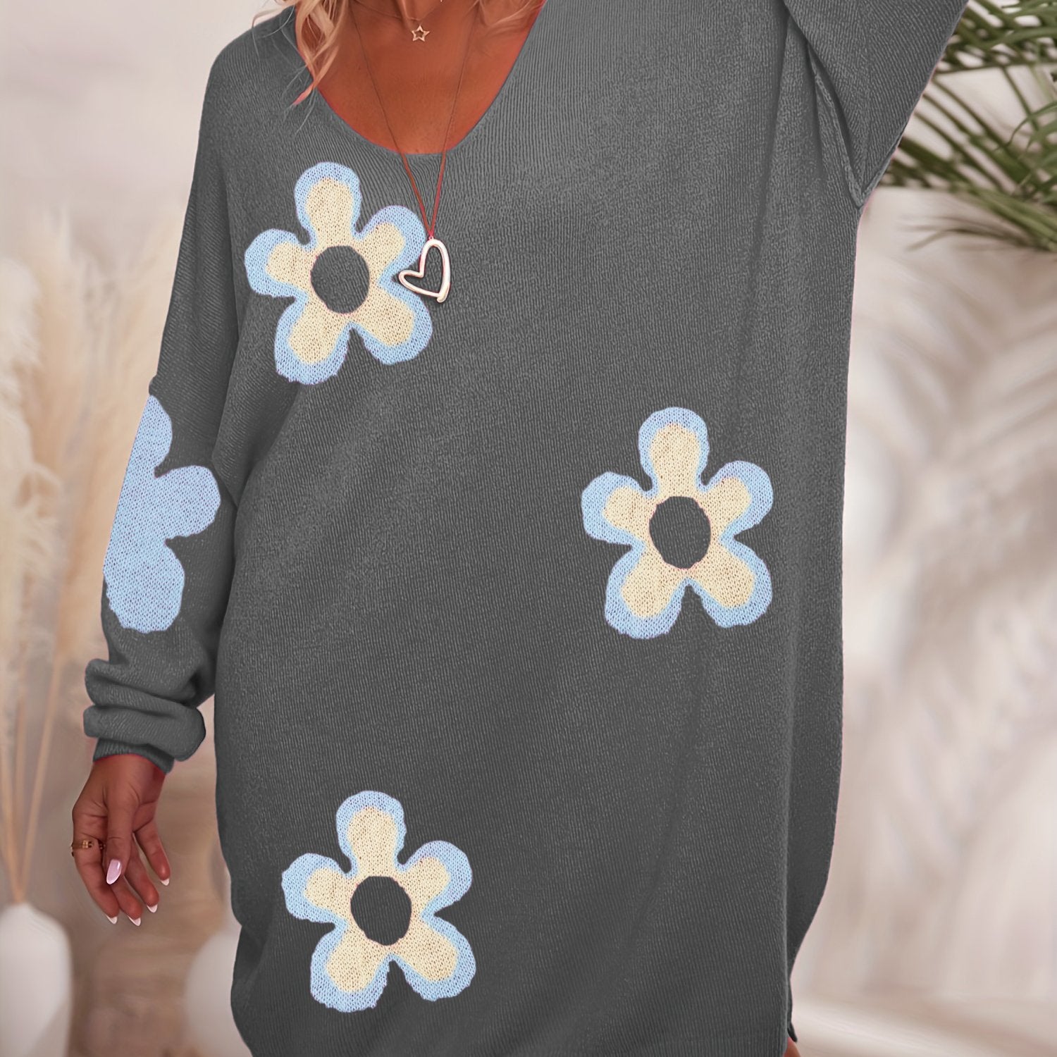 Plus Size Women's Floral Print V-Neck Sweater Knitwear All-Season Comfort