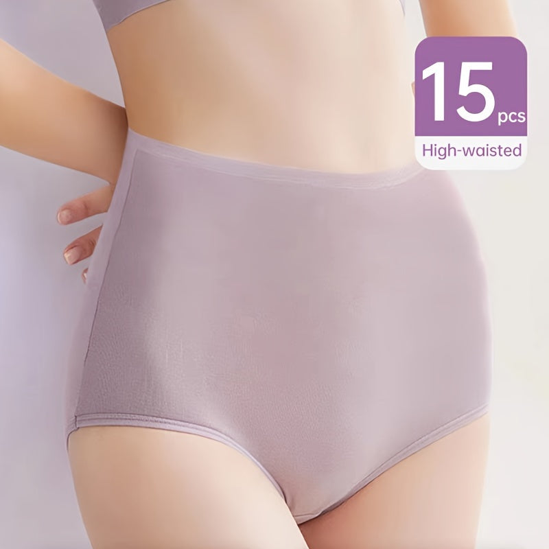 Ropa interior de poliéster transpirable de cintura alta para mujer, paquete de 15, color beige claro, sin costuras, cómoda