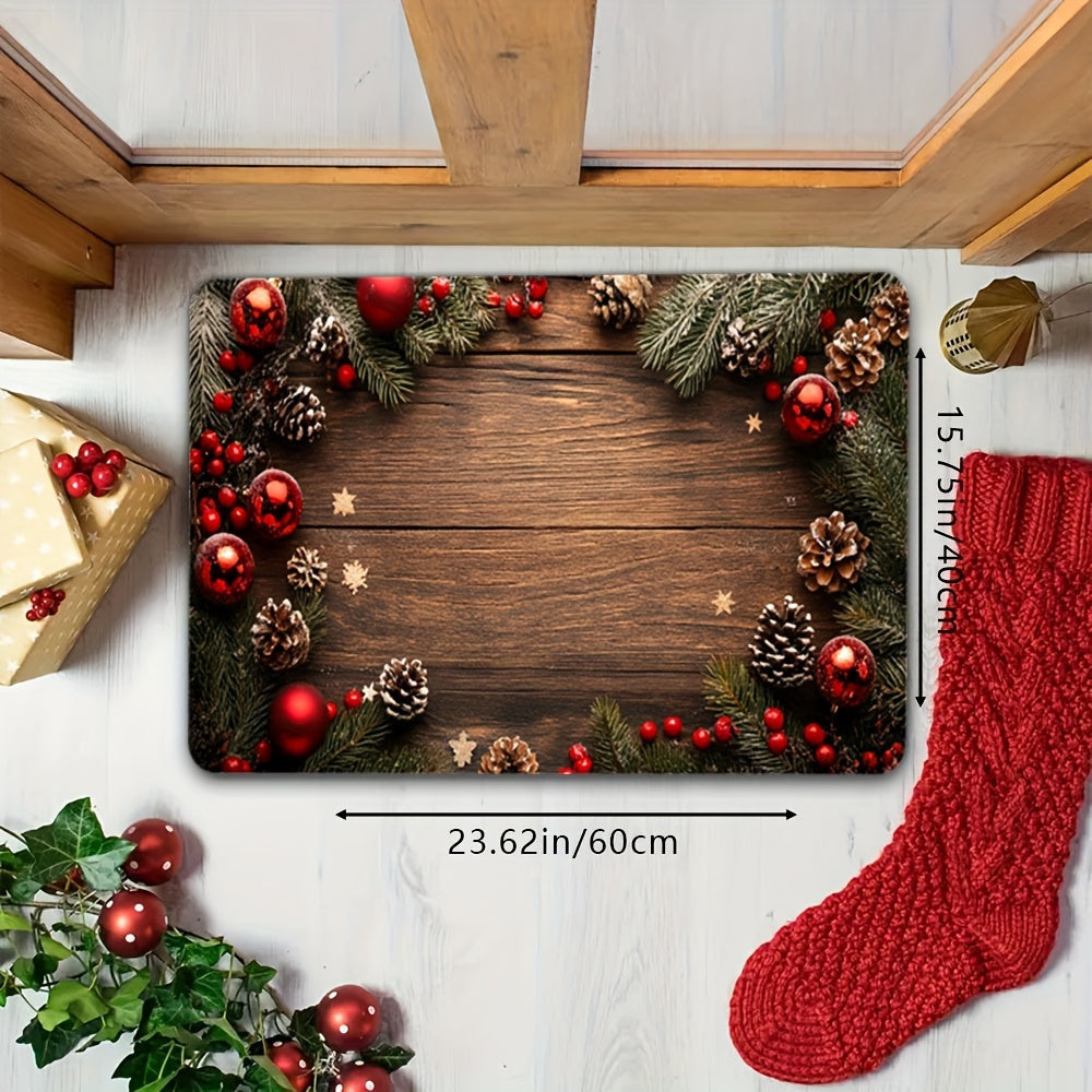Alfombra decorativa antideslizante para las vacaciones de invierno con árboles de pino, copos de nieve y textura de madera falsa