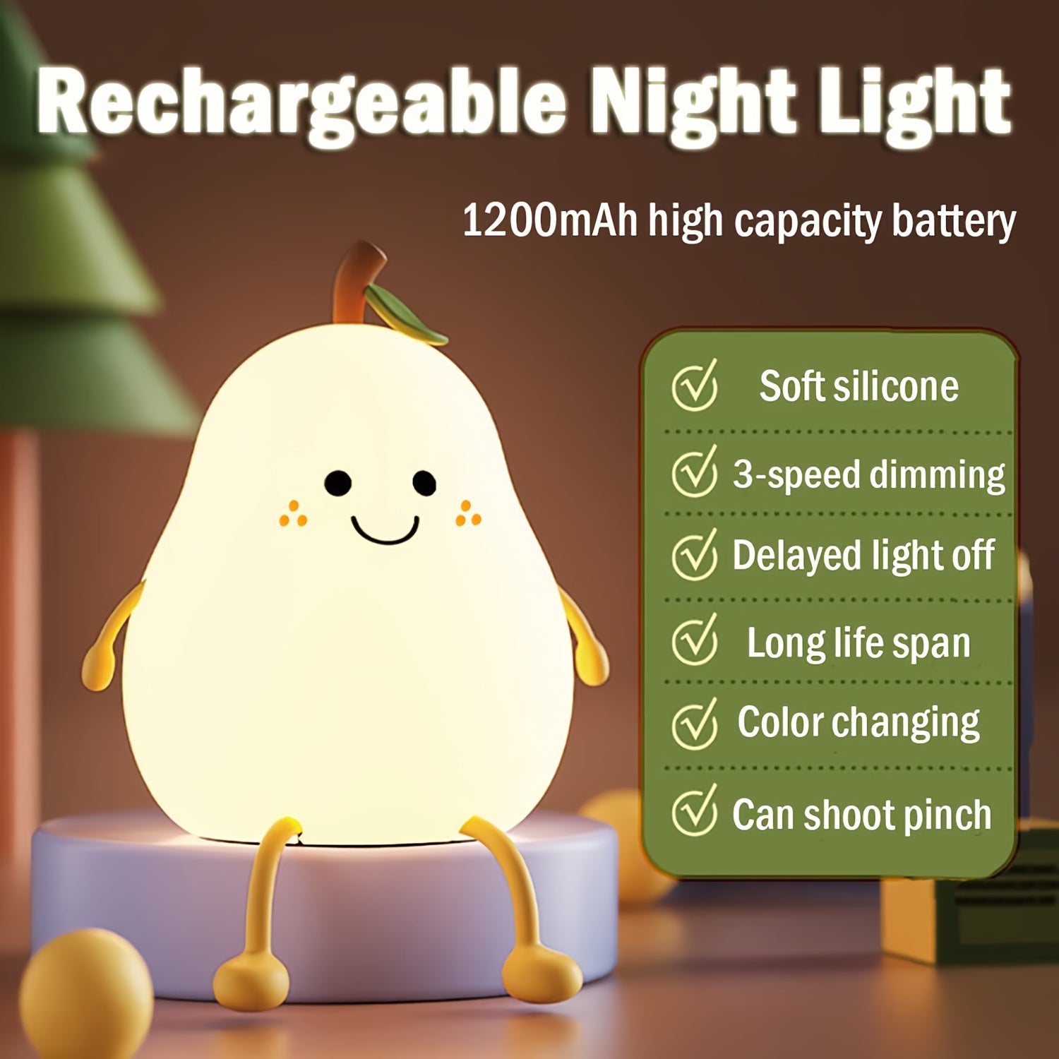 Rechargeable Silicone Pear Night Light with 7 Color Changing, Touch Control, Timer for Bedroom or Bedside