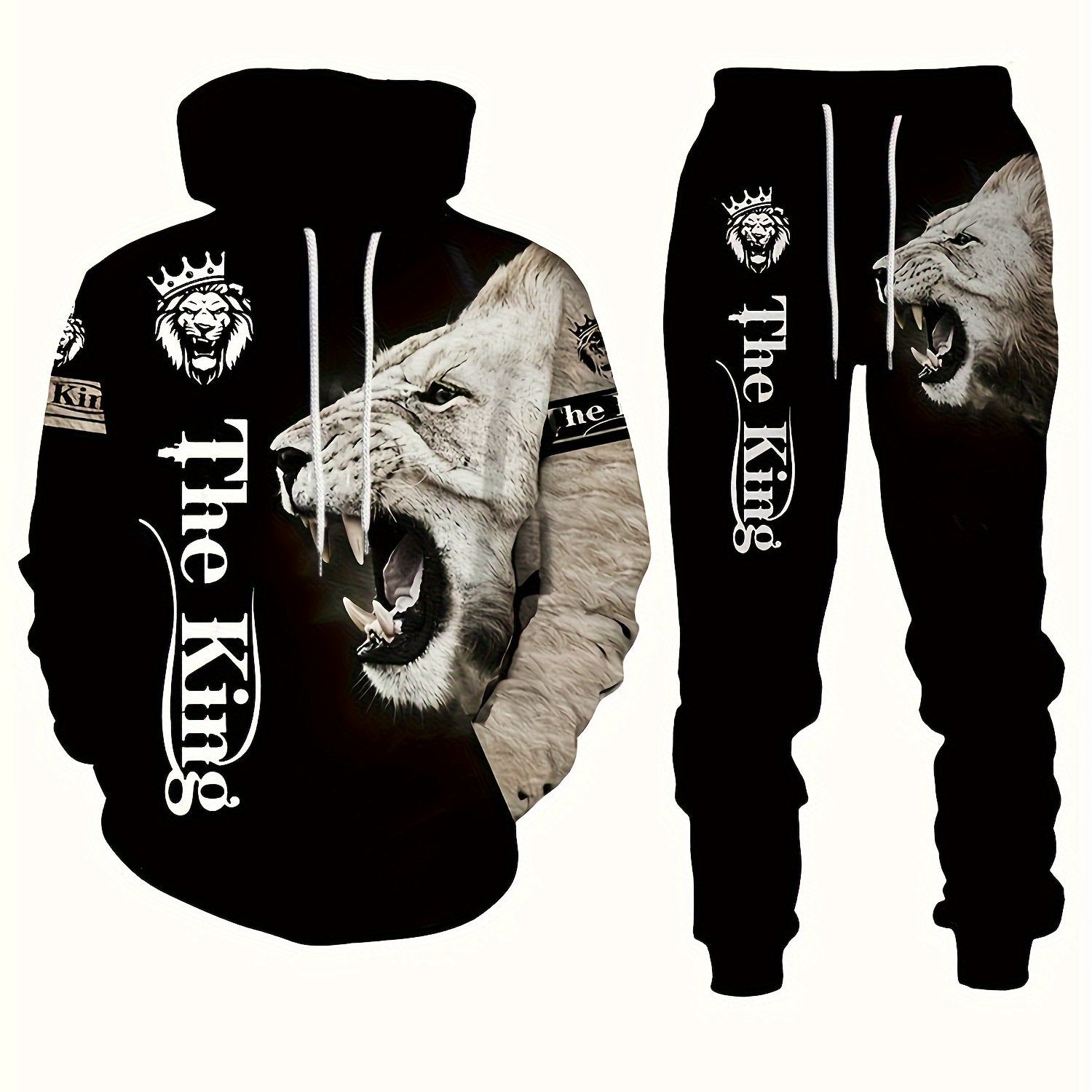 Men's Plus Size Lion Print 3D Hoodie and Sweatpants Set for Autumn Winter