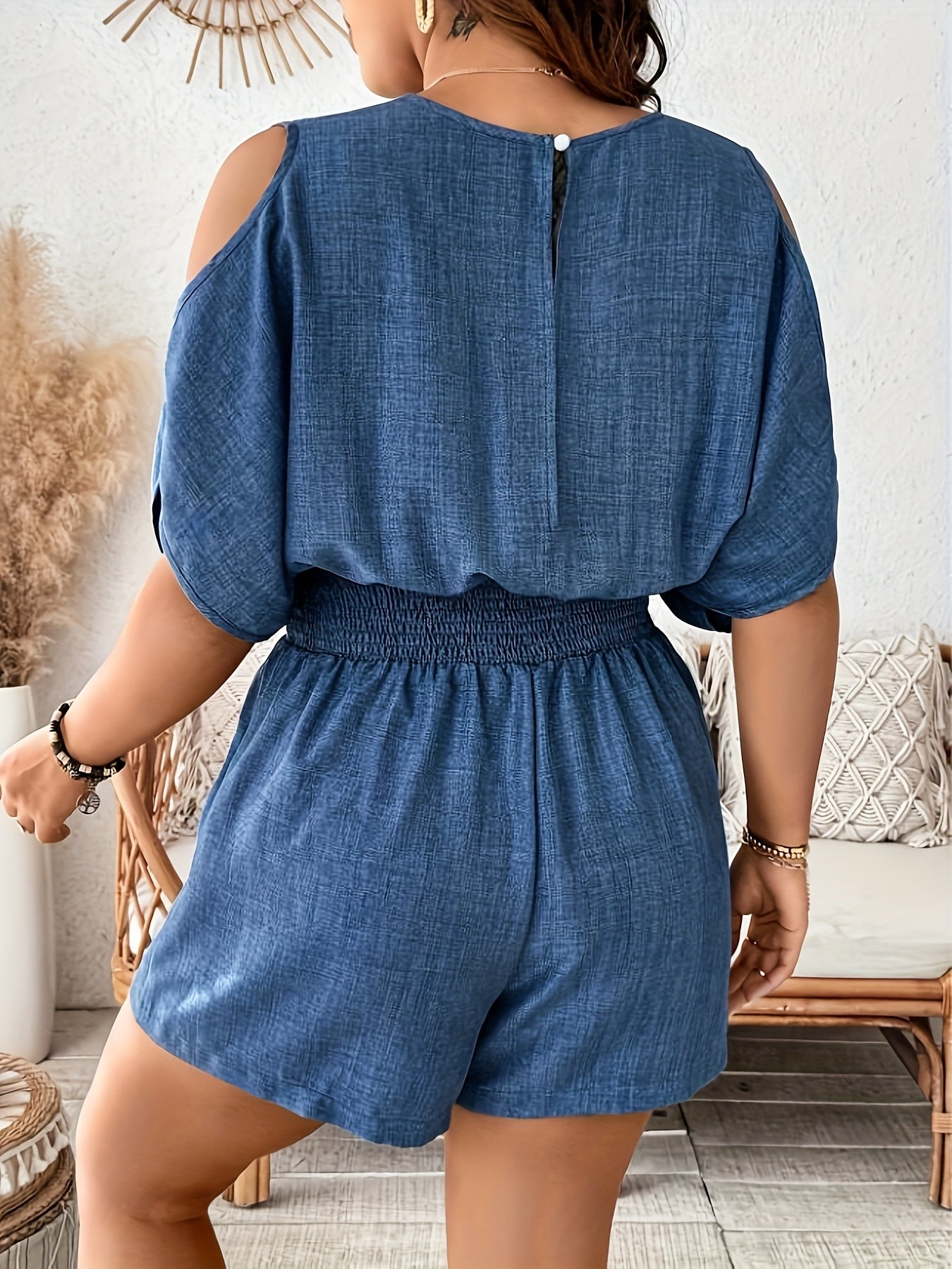 Plus Size Women's V-Neck Off-Shoulder Jumpsuit Smocked Waist Lightweight Breathable