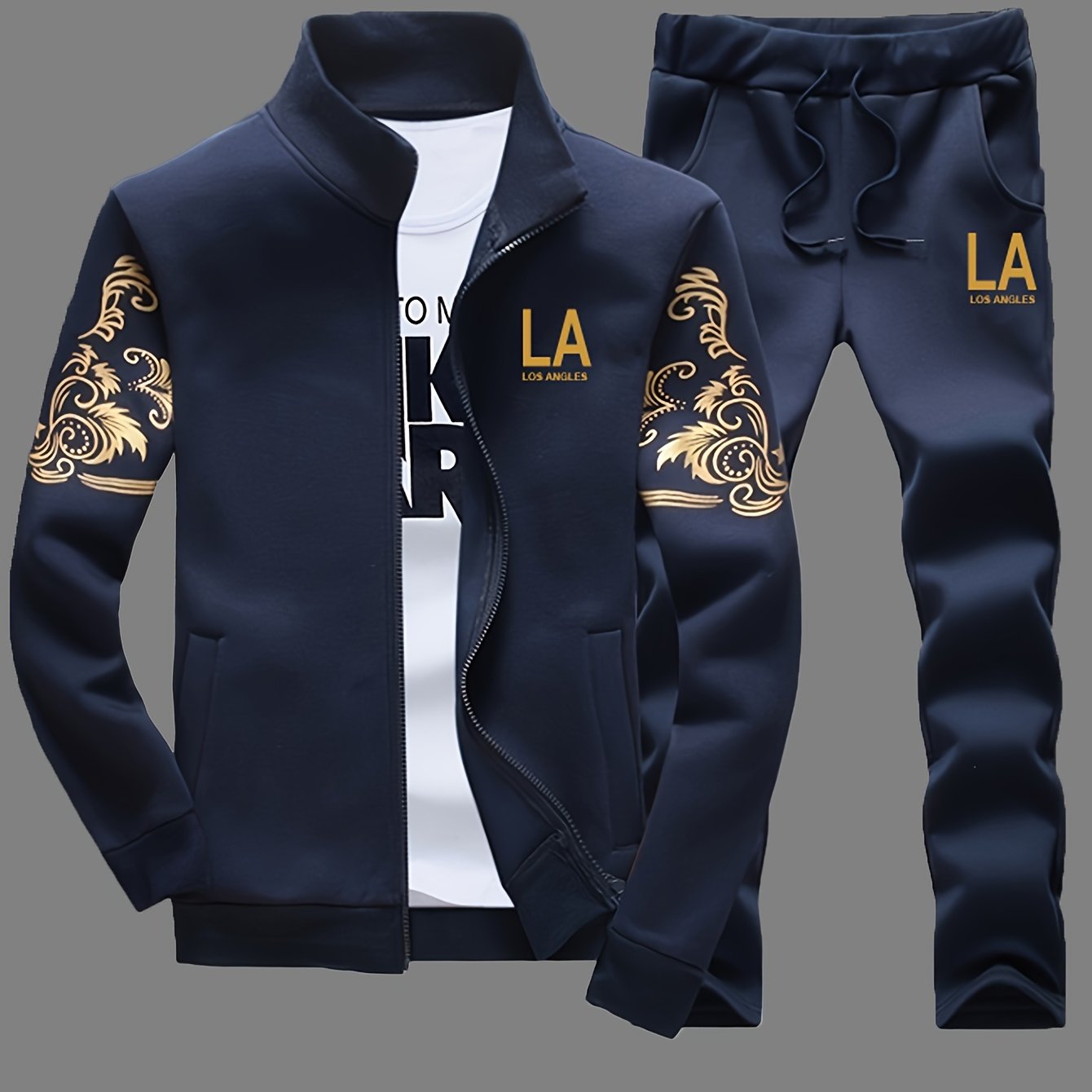 Men's Fleece-Lined Striped Sportswear Set with Zip-Up Jacket and Drawstring Pants