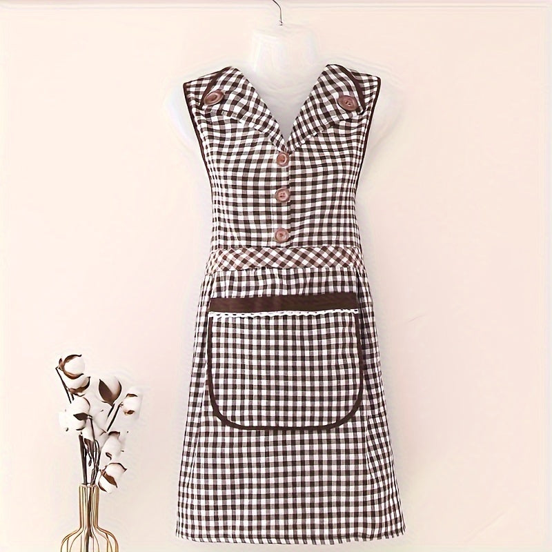 Классный клетчатый хлопковый кухонный фартук с передним карманом, безрукавный фартук в стиле платья с V-образным вырезом из трикотажной ткани, с регулируемым завязкой, модный фартук для женщин, изготовленный из смеси хлопка и полиэстера.