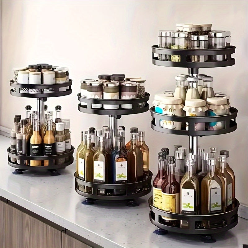360° Rotating Kitchen Organizer Adjustable Height Metal Spice Rack Lazy Susan
