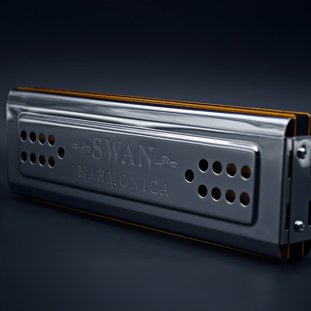 24-Hole Polyphonic Harmonica C and G Key Metal Polished Silver Grey with Box and Cleaning Cloth