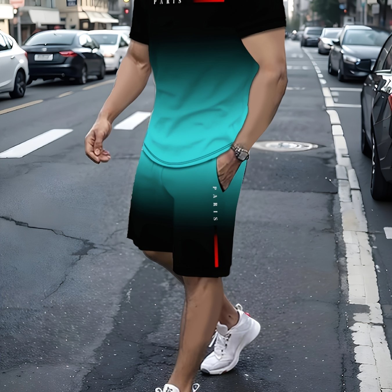 Men's Polyester T-Shirt and Shorts Set with Paris Letter Print All-Season Casual Wear