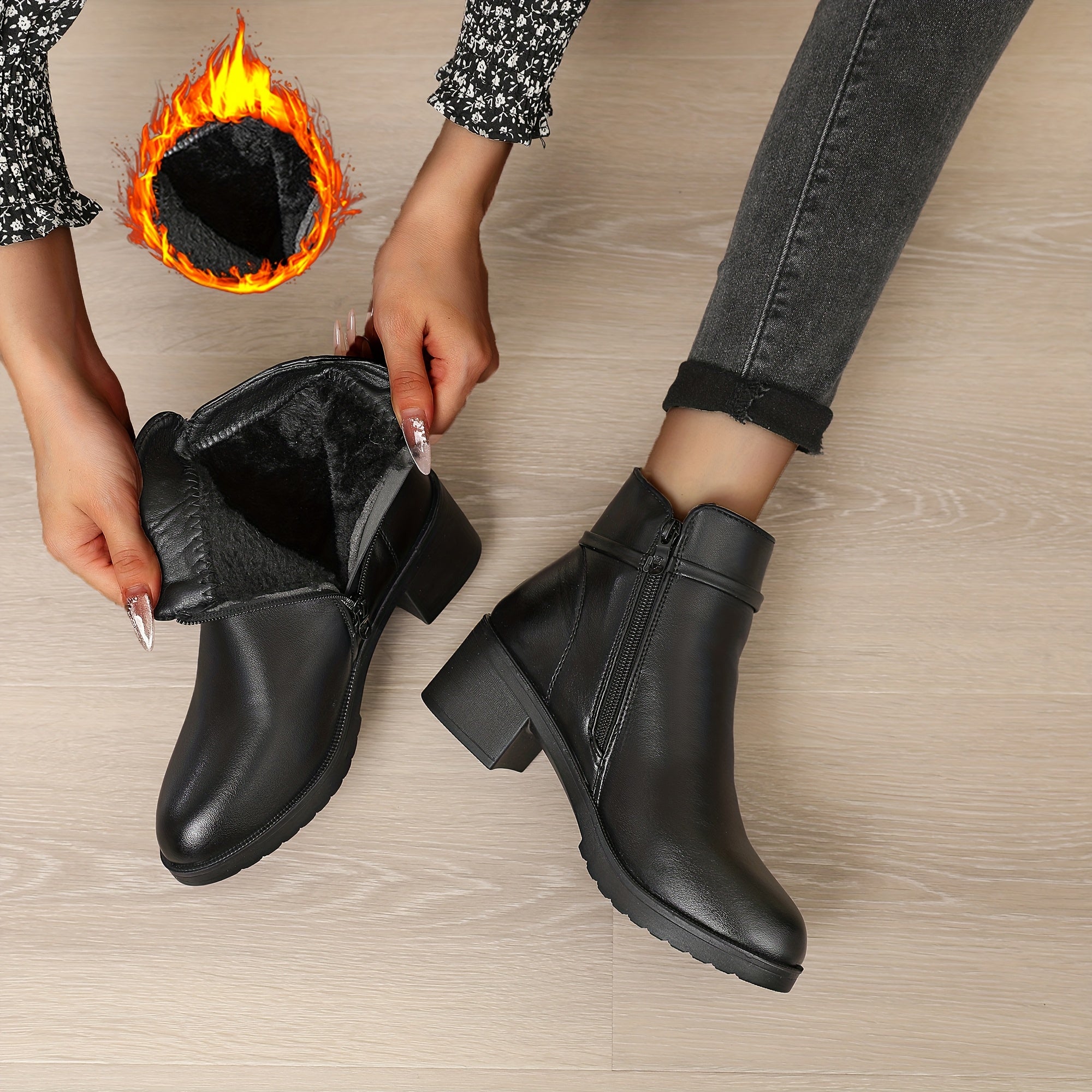 Женские ботинки на меху с утеплителем по щиколотку и массивной каблуком, противоскользящая боковая молния